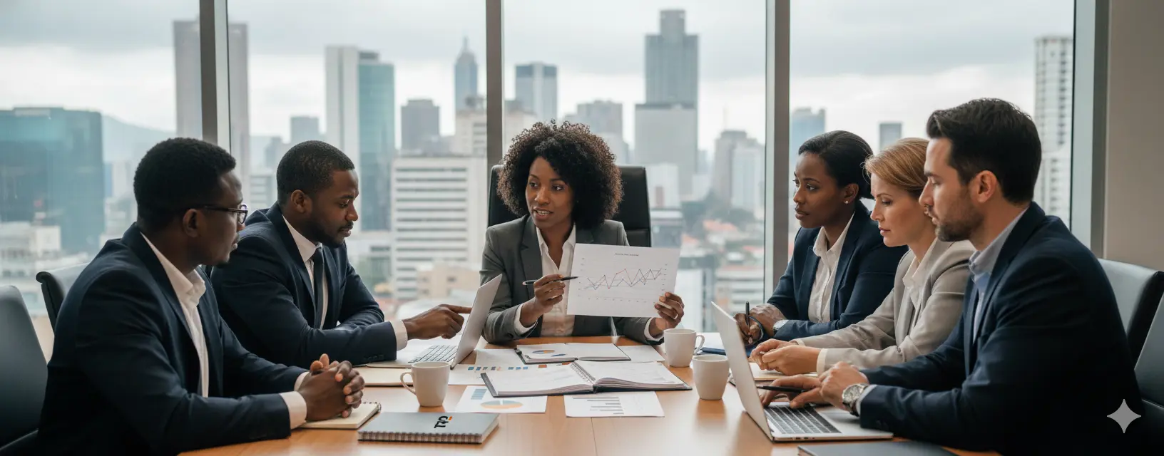 Diverse leadership team seated around a table, reviewing charts and discussing a business plan.