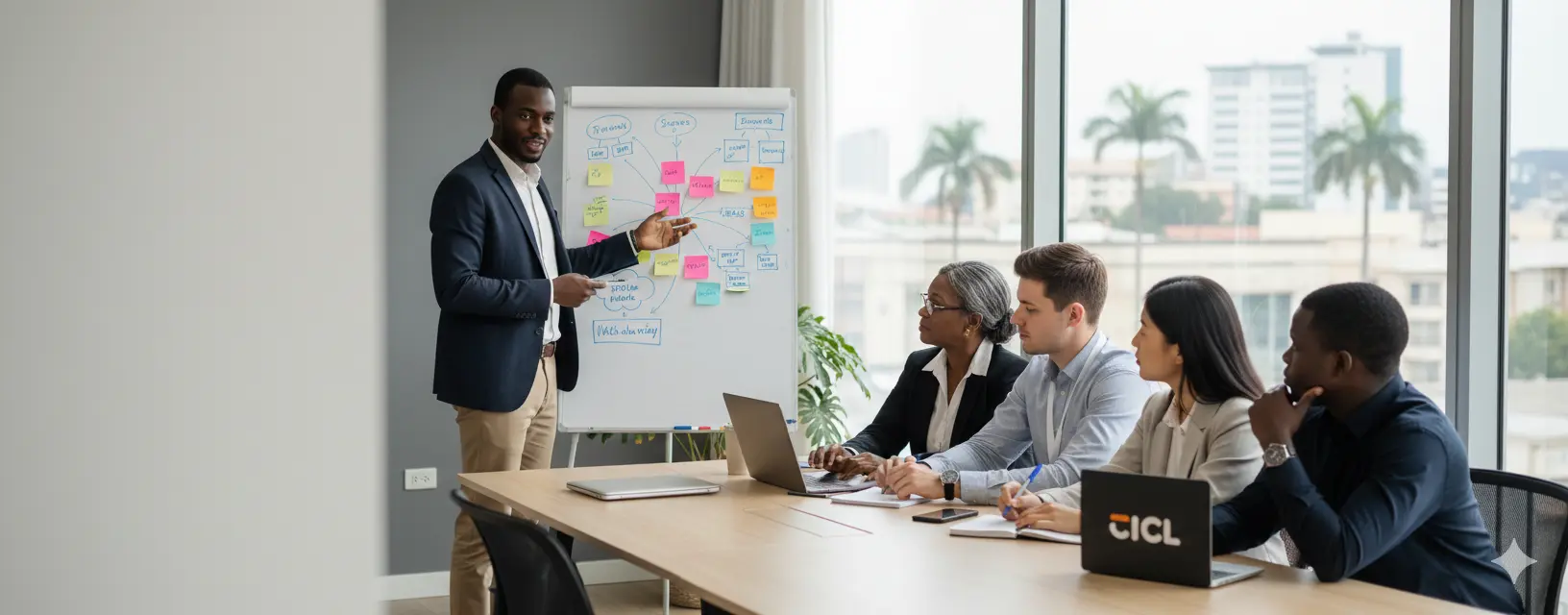 Facilitator guiding a small group of professionals through a strategy exercise during a workshop.