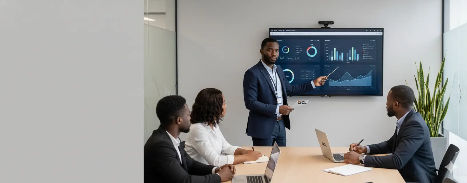 Consultant presenting insights on a screen to clients during a focused review meeting.
